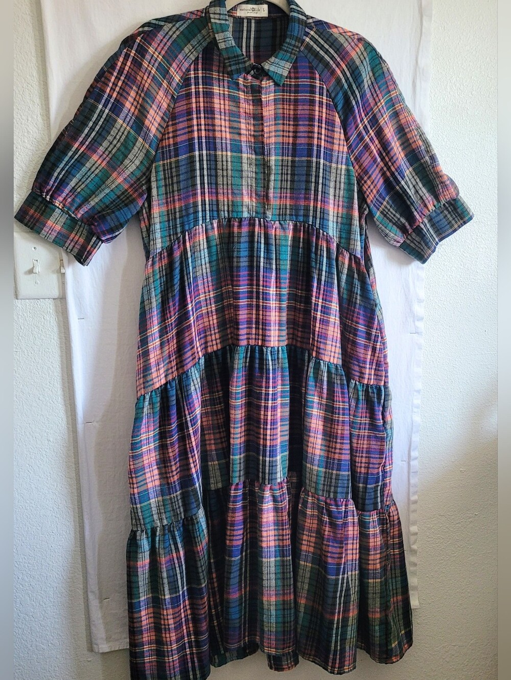 Natural Life Flannel Plaid Tiered Midi Dress - Green & Pink Size L - Picture 2 of 10
